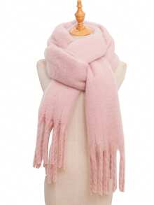 Bufanda/chal de mujer de unicolor con flecos extra largos, para invierno - Rosa Pálido - Ver 2