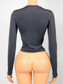 Áo thun nữ dài tay cổ tròn, màu trơn, ôm dáng, gợi cảm, phong cách thường ngày. - Xám - Xem 4