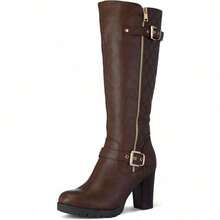 PENNYSUE Women's Knee High Boots, Fashion Chunky Block Heel Warm Winter Boots With Side Zipper For Office And Casual Wear - 棕色浦 - 查看 8