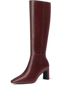 MUCCCUTE Knee High Boots For Women Chunky Heel Square Toe With Side Zipper Pull On Tall Fall BotasChristmas - Burgundy-chunky Heel - View 10