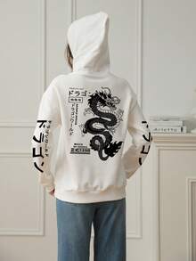 Women's Graphic Print Loose Fit Thermal Lined Hoodie Sweatshirt, Fashion Long Sleeve, Winter - White - View 2