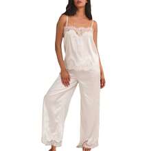 Satin-Like White Lace Paneled Cami Top + Wide-Leg Pants Set Women's Elegant Loungewear Pajama Set - Ngà voi - Xem 6