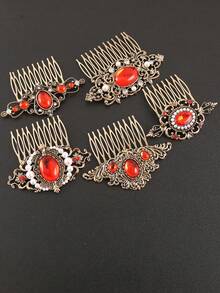 1pc Vintage Metal Flower & Leaf Design Hair Clip, Red, Festive Holiday Gift, Combs, Side Comb, Headpiece, Hair Accessories, New Year Glamour, Hair Accessories For Women,Summer,Travel,Festival,Birthday - Multicolor - View 4