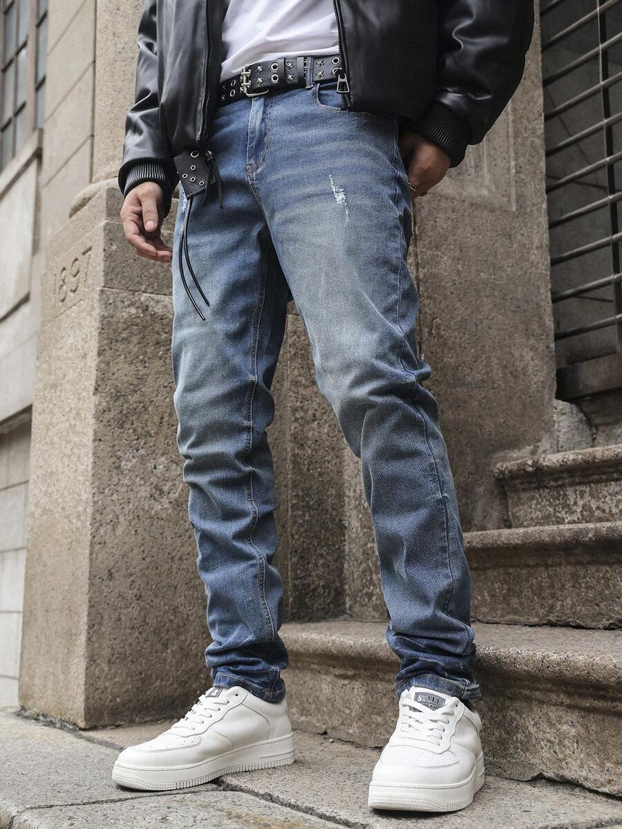 Men's Light Wash Loose Fit Wide Leg Jeans, Long Versatile Streetwear Y2K Style Denim Pants, Suitable Gift For Boyfriend Or Husband - Blue - View 1