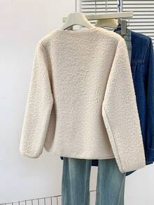 YUXIN 女士秋冬仿羊羔绒外套，简约圆领单排扣设计，饰有双口袋，多种颜色可选，适合日常休闲和通勤穿着，仿毛皮外套 - 杏色 - 查看 4