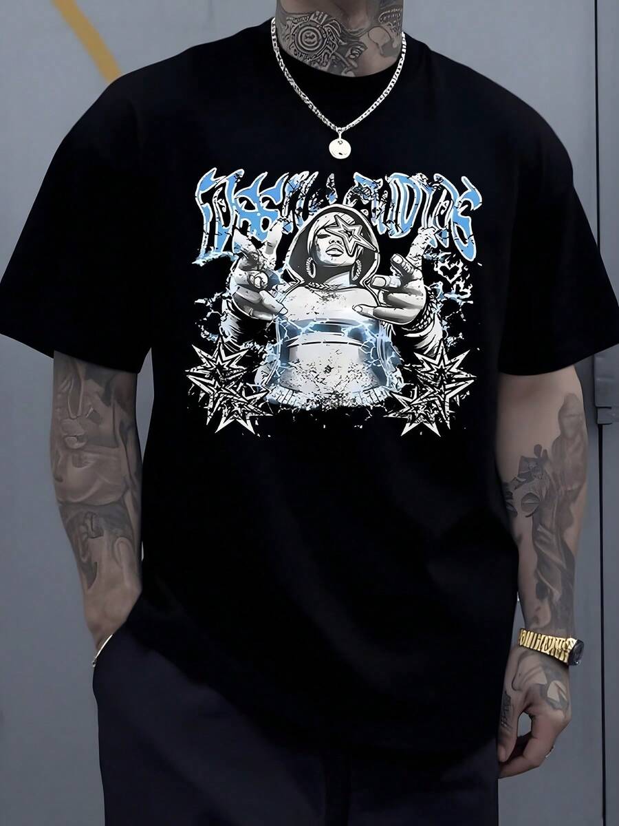 Die Energiegeladene Figur Mit Sternförmiger Augenmaske Und Blitzen Beschwört Kraft Und Entschlossenheit Lässiges Herren Tshirt Im Urbanen Stil Mit Einem Einzigartigen Design Für Mutige Auftritte - Schwarz - Übersicht 1