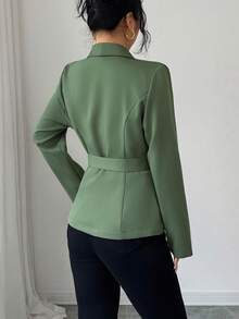 Solid Color Pocket Button Asymmetrical Office Women Coats - Army Green - View 4