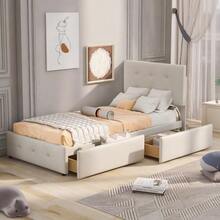 Upholstered Bed 90 X 200 Cm, Slatted Bed With Headboard And Two Drawers, Soft Velvet Fabric, Beige Single Bed, Children's Bed, Junior Bed, Guest Bed (Without Mattress) - Beige - View 2