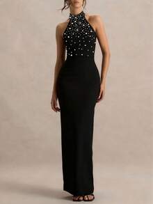 Women's Elegant Pearl Halter Neck Christmas Party Dress - Black - View 6