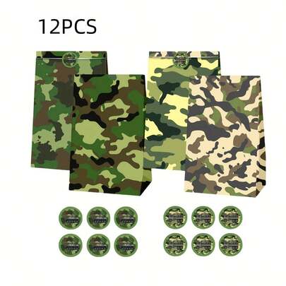 12个迷彩主题印花纸质糖果袋，可折叠带封口贴纸，礼品袋，适合生日派对、彩排派对、节日存放糖果、礼物、饼干等。