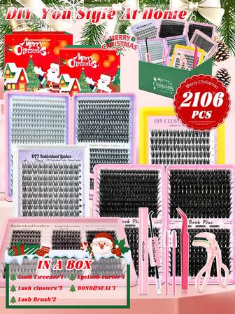 2106-delars julklappsset ögonfransar, D-Curl voluminösa, 10-18 mm blandad längd, inkluderar lim, pincett, borste och fransböjare - gör det själv hemma på 3 minuter. Perfekt för dejter, musikfestivaler, jul och alla tillfällen!