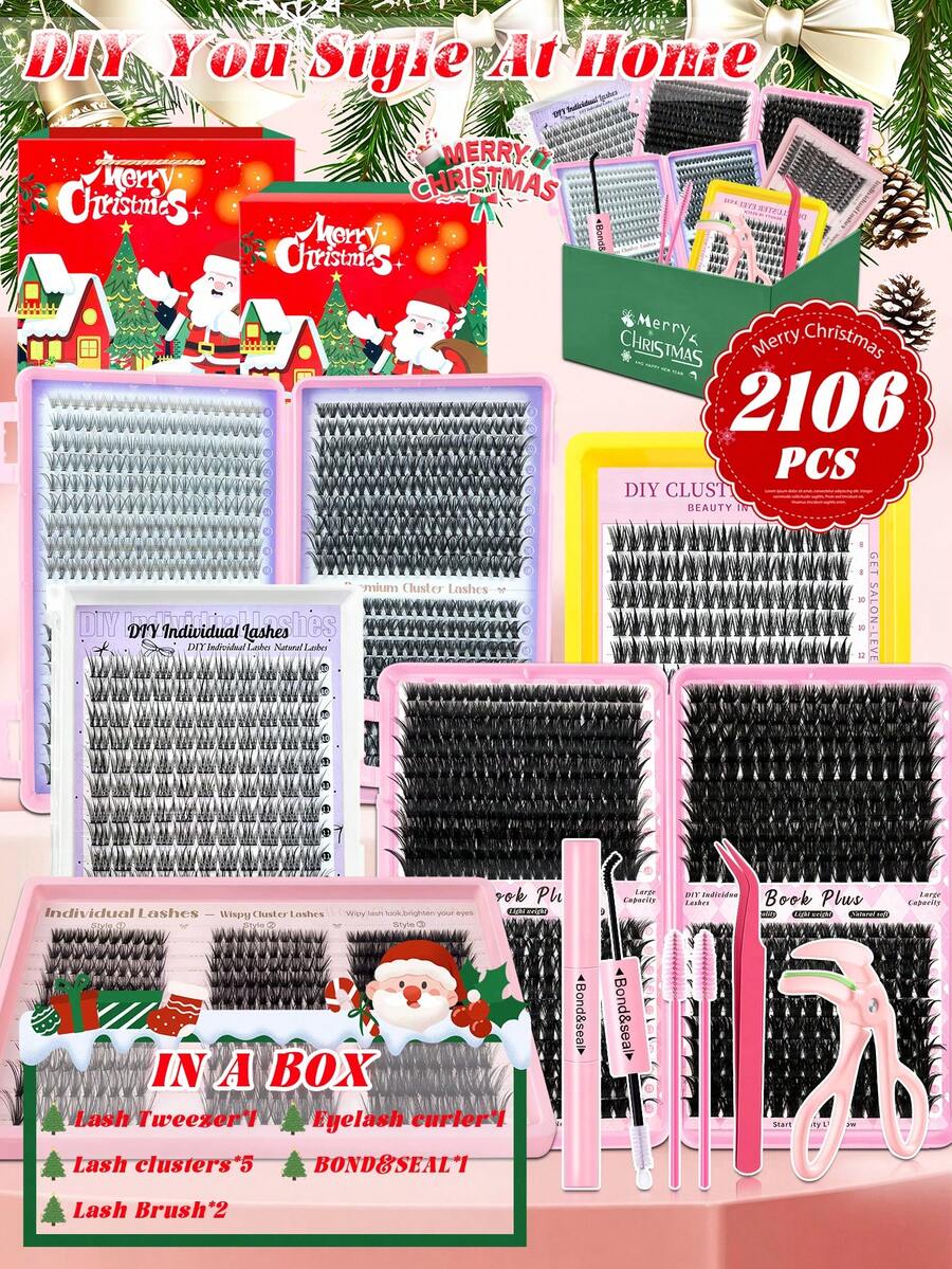 Zestaw świątecznych rzęs 2106 szt., skręt D, objętość, długość 10-18 mm, różne długości, zawiera klej, pęsetę, szczoteczkę i zalotkę – zrób to sam w domu w 3 minuty. Idealny na randki, festiwale muzyczne, Boże Narodzenie i każdą inną okazję! - Czarne - Zobacz 1