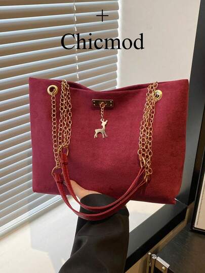 1pc Polyester Deer Decoration Large Capacity Zipper Closure Fashion Shoulder Tote Bag, Suitable For Women Daily UseSuitable For Shopping, Wallet, Shopping, Young Women, College Students, Newcomers, White-Collar Workers. Very Suitable For Office, College, Work, Business, Commuting, Outdoor Activities, Travel And Outings