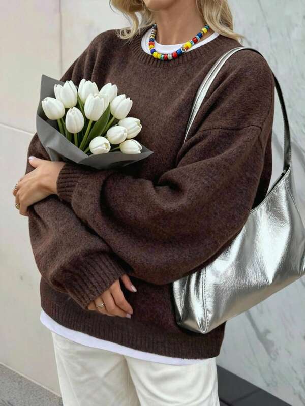 Nuevo suéter de punto de cuello redondo de unicolor, de manga larga, de estilo casual y perezoso para el otoño y el invierno, estilo suelto y cálido para el uso diario y de oficina, jersey de punto para mujer, nuevo para el Año Nuevo