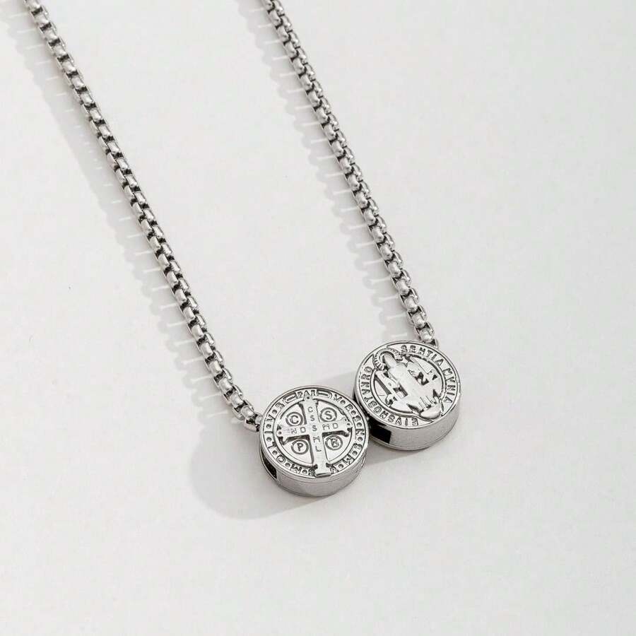 Men's Necklace With Venetian Chain And St. Benedict Scapular In Silver And Stainless Steel - Multicolor - View 1