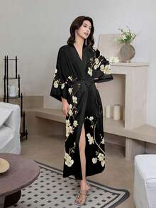Retro Loose Mid-Length New Chinese Style Fashion Elegant Floral Print Kimono Cover Up, Casual Home Tie-Waist Robe, Summer Beach Swimsuit Cover-Up, Lightweight Jacket - Black - View 4