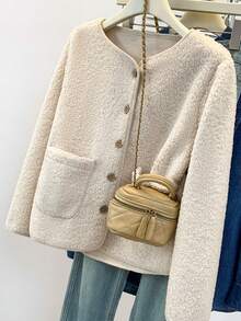 YUXIN 女士秋冬仿羊羔绒外套，简约圆领单排扣设计，饰有双口袋，多种颜色可选，适合日常休闲和通勤穿着，仿毛皮外套 - 杏色 - 查看 5