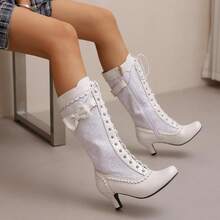 LUXMAX Women Gothic Victorian Boots Low Kitten Heel Mid Calf Boots Lace Up Cute Bow Boots For Ladies Witch ShoesChristmas - Z-深綠色 - 查看 6