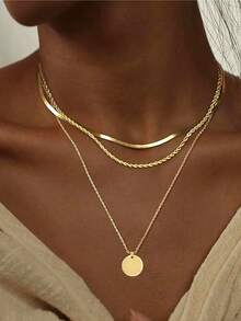 3Layered/Set Golden Plated Layering Necklaces For Women Golden Necklace Set, Cuban Link, Snake Chain, Paperclip Layered Chains, Twisted Rope And Twisted Chain, Layering Necklace - Gold - View 5