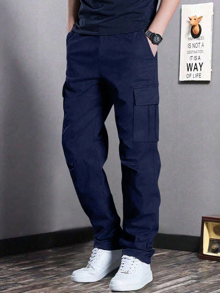 1pc Tween Boys Minimalist Outdoor Sports Multi-Pocket Cargo Pants, Spring & Autumn - Navy Blue - View 1