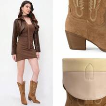 Cowgirl Boots Women Knee High Boots Pointed Toe And Block Heel Cowboy Suede And Faux Leather Boots With Embroidered - 藍色 - 查看 11