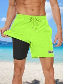 TURLAT 2 In 1 Mens Swim Trunks Quick Dry Beach Board Shorts With Drawstring And Zipper Pockets Comfy Summer - Green - View 1