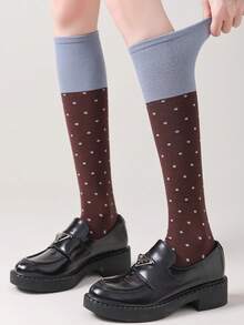 1双女士过膝袜，韩版波点撞色护腿袜，甜美百搭的罗纹过膝袜，复古学院风，撞色过膝袜，秋冬季 - 彩色 - 查看 4