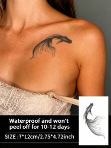 1 pieza Tatuaje temporal realista, diseño de sirena y pez dorado semi-permanente, resistente al agua y al sudor, dura 1-2 semanas, efecto de jugo de hierbas naturales, no reflectante, unisex, aplicable a brazos, pecho, piernas, abdomen, cintura, dedos, cuello, espalda, arte corporal moderno