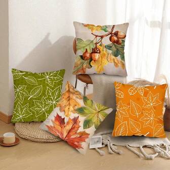TOPSSCTR 4 st. dekorativa örngott med höstlönnlöv, lantligt lantligt lönnlöv, orangegrönt, prickigt design, höst, tacksägelse, höstsoffa, lantligt vardagsrum, dekoration, 45x45 cm, utan kuddkärna