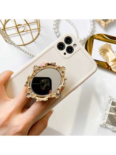 European Retro Pattern Mirror Creative Phone Air Cushion Holder, Adhesive Foldable Loose Desktop Circular Mirror Holder, Mini Makeup Mirror, Perfect Phone Gift, Compatible With IPhone, Android Phones, Birthday Gifts, Family Gifts, Friend Push-Pull Phone Handle, Phone Holder, Phone Accessories