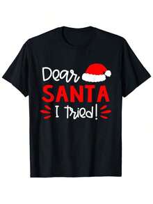 Camiseta de algodón de ajuste relajado "Querido Santa, ¡lo intenté!" para fiestas navideñas, uso casual cómodo. Negro S-XXL - Negro - Ver 5