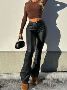 NVFelix 女士高腰修身喇叭裤，优雅时尚，Y2K户外风格，休闲配色，适合春夏穿着，黑色新款 - 黑色 - 查看 6