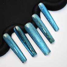 Premium Handmade Cat Eye Long Square Press On Nails, Magnetic Shimmer Gradient, Galaxy Effect Nail Set, Party, Night Glam Summer - 藍綠色 - 查看 5