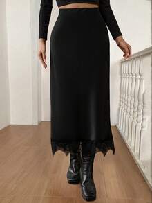 Chân váy midi chữ A bằng lụa satin Dila Polly dành cho nữ, phối ren, dáng váy lụa mềm mại, thướt tha - màu đen - Xem 3