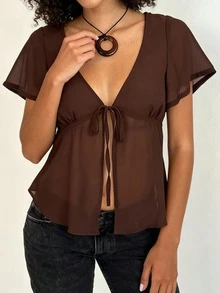 Women's Summer Sheer Tie-Front Short Sleeve Top With Adjustable Front Ties, Ruffle Trim And Lightweight Transparent Fabric, Flowy Silhouette, Breathable Layering Piece For Party, Date Night, Beach-Cover-Up And  European American Streetwear - 棕色 - 查看 5