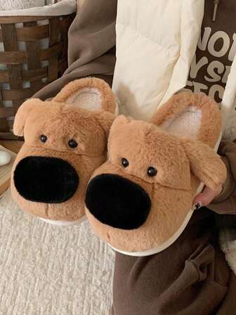 Pantuflas de invierno para mujer, perro de nariz grande marrón, suela gruesa, suave y antideslizante