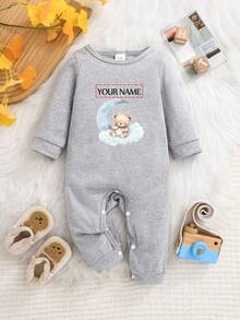 [Custom] Baby Girl Long Sleeve Romper, Support Personalized DIY Name, Adorable Bear Print Pattern, Soft Breathable Fit Baby Skin, Perfect Gift For Baby - Grey - View 1