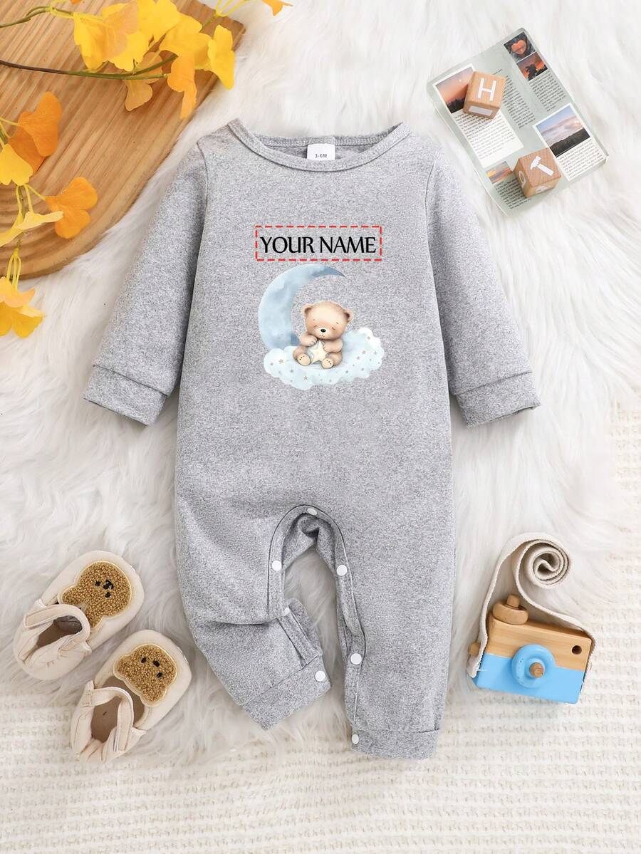 [Custom] Baby Girl Long Sleeve Romper, Support Personalized DIY Name, Adorable Bear Print Pattern, Soft Breathable Fit Baby Skin, Perfect Gift For Baby - Grey - View 1