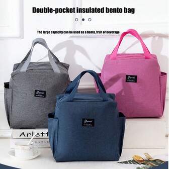 Double Pockets Portable Lunch Bag Lunch Box Insulated Canvas Tote Bag School Lunch Portable Dinner Box Picnic Food Storage