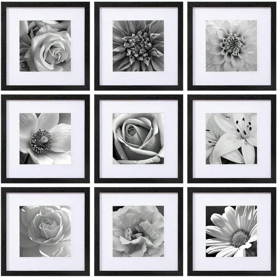 12x12 Picture Frames Set Of 9 With Mat For 8x8 Photos Or Without Mat For 12x12, Square Gallery Wall Decor Collage For Picture Display, Black Frame Set For Wall Hanging - màu đen - Xem 1