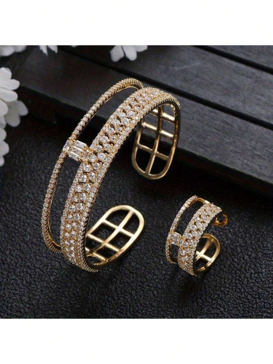 1 Set Double Circle Design Ring & Bracelet Set, Luxurious & Elegant, Suitable For Various Hand Sizes, Perfect For Dates And Parties - Multicolor - View 1