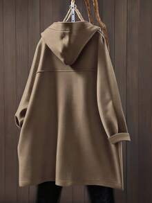 Women's Casual Minimalist Solid Color Pocket Front Button Hoodie Jacket, Daily Wear - Brown - View 2