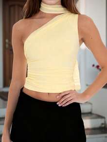 Women's Halter Tank Tops With Scarf Stylish Solid Color Casual Slim Fit Vest For Summer And Spring - 淺黃色 - 查看 3