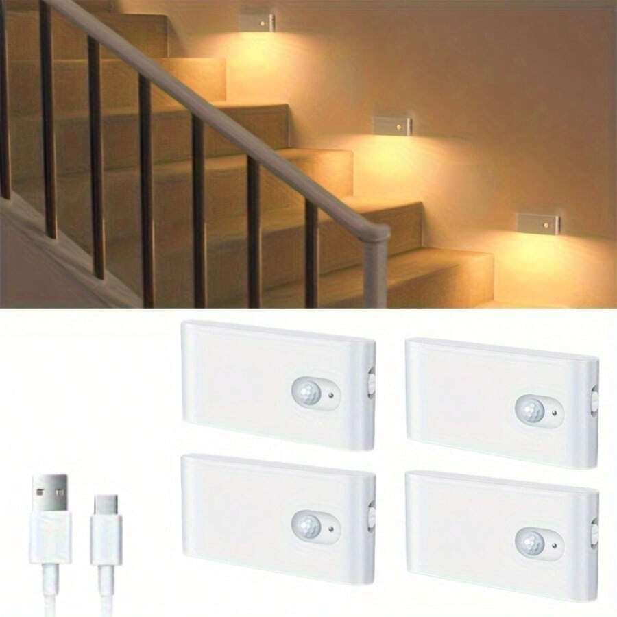 AMILL 4/2/1 PACK Motion Sensor Wall Light, Rechargeable Indoor Stair Night Light With Warm White & Type-C, Wireless Auto On/Off, Human Body Detection For Hallway Bathroom Bedroom - trắng - Xem 1