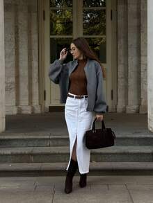Chaqueta casual y cómoda de mujer con bolsillo con cremallera en el frente y costillas, chaqueta de mujer con cuello de béisbol y cremallera completa con bolsillos, abrigo de manga larga para otoño/invierno - Gris - Ver 3