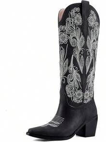 Women's Western Cowboy Boots Knee High, Floral Embroidered Vintage Cowgirl Boots With Pointed Toe & Chunky Heel, Pull-On Tabs For Country Style, Concert, Party And Daily WearChristmas - 黑色刺繡 - 查看 1