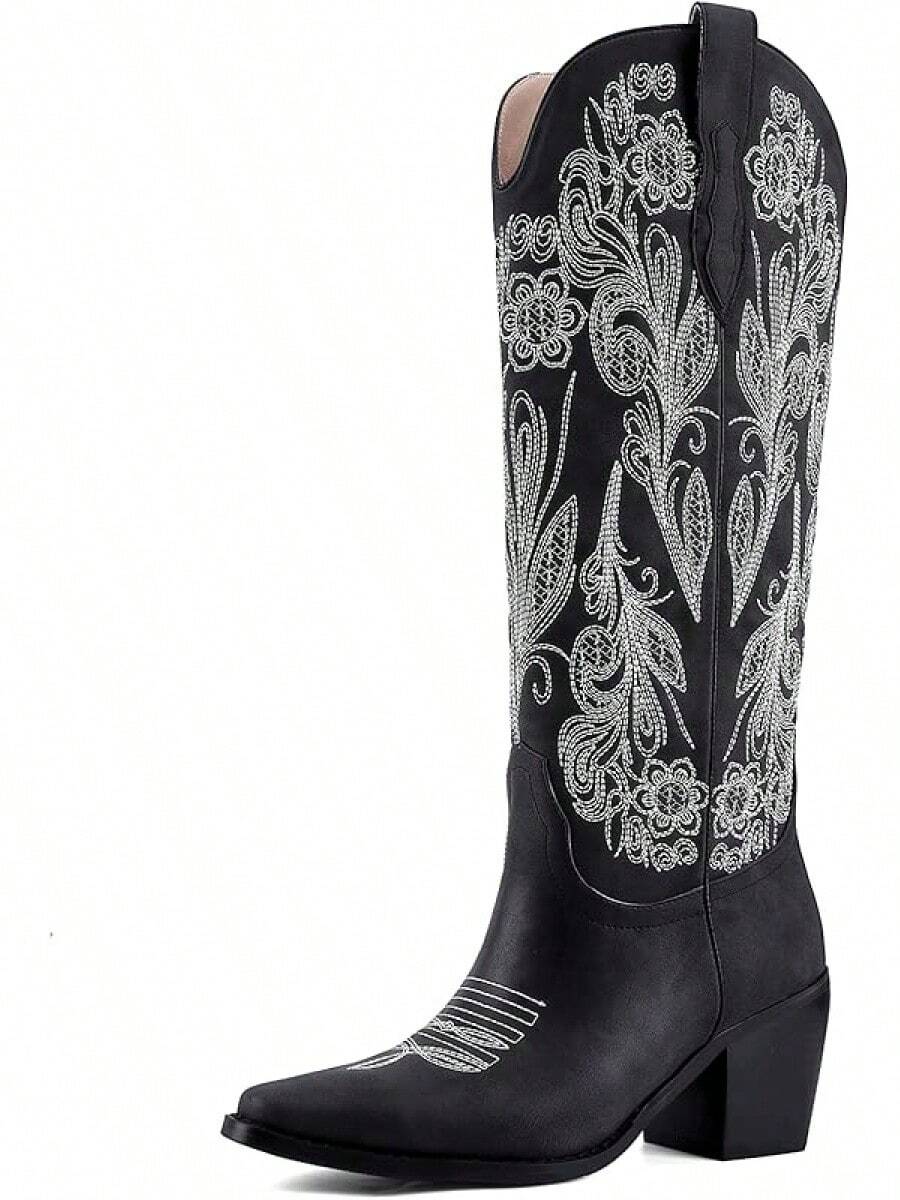 Women's Western Cowboy Boots Knee High, Floral Embroidered Vintage Cowgirl Boots With Pointed Toe & Chunky Heel, Pull-On Tabs For Country Style, Concert, Party And Daily WearChristmas - 黑色刺繡 - 查看 1