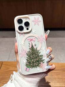 Funda de Teléfono de Navidad Rosa/Blanca con Patrón de Copo de Nieve y Árbol de Navidad, Funda de Teléfono con Anillo Magnético para Samsung A15/35/54/55 y Serie S, Apple 17, 16 Pro Max, 14/13, 12, 11 Pro Max, XS Max, X, XR, 8, 7, Plus, Adecuada como Regalo de Cumpleaños para Novia, Novio o Uso Personal - Rosa - Ver 3