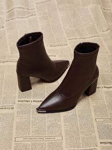2025 New Autumn/Winter Pointed Toe Chunky Heel High-End Stylish Ankle Boots For Women, Chic French Slim Ankle Boots - Brown - View 4