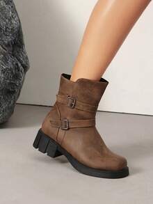 女士踝靴，欧美风，新款时尚百搭舒适真皮靴，防水，粗跟，休闲，保暖，轻便，柔软皮革，软底，踝靴，女士时尚靴 - 棕色 - 查看 4